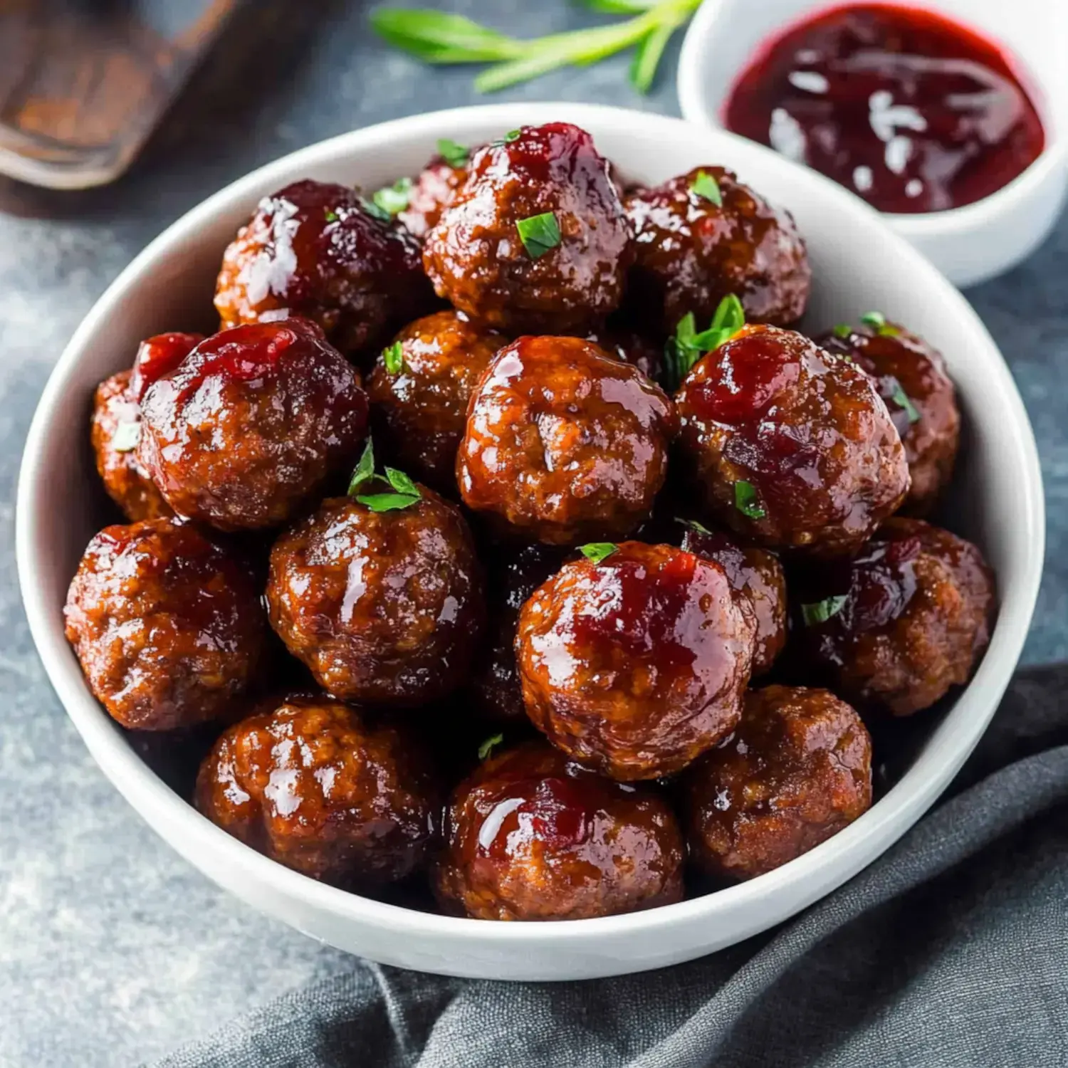 A close-up view of a bowl filled with glossy meatballs topped with sauce and garnished with green herbs, accompanied by a small dish of sauce.