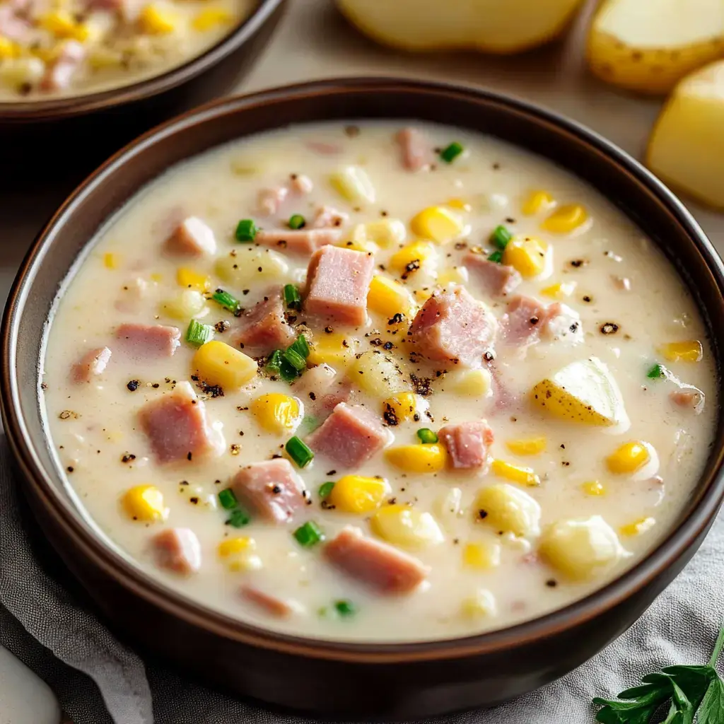 A bowl of creamy corn and ham soup garnished with green onions, with potatoes partially visible in the background.