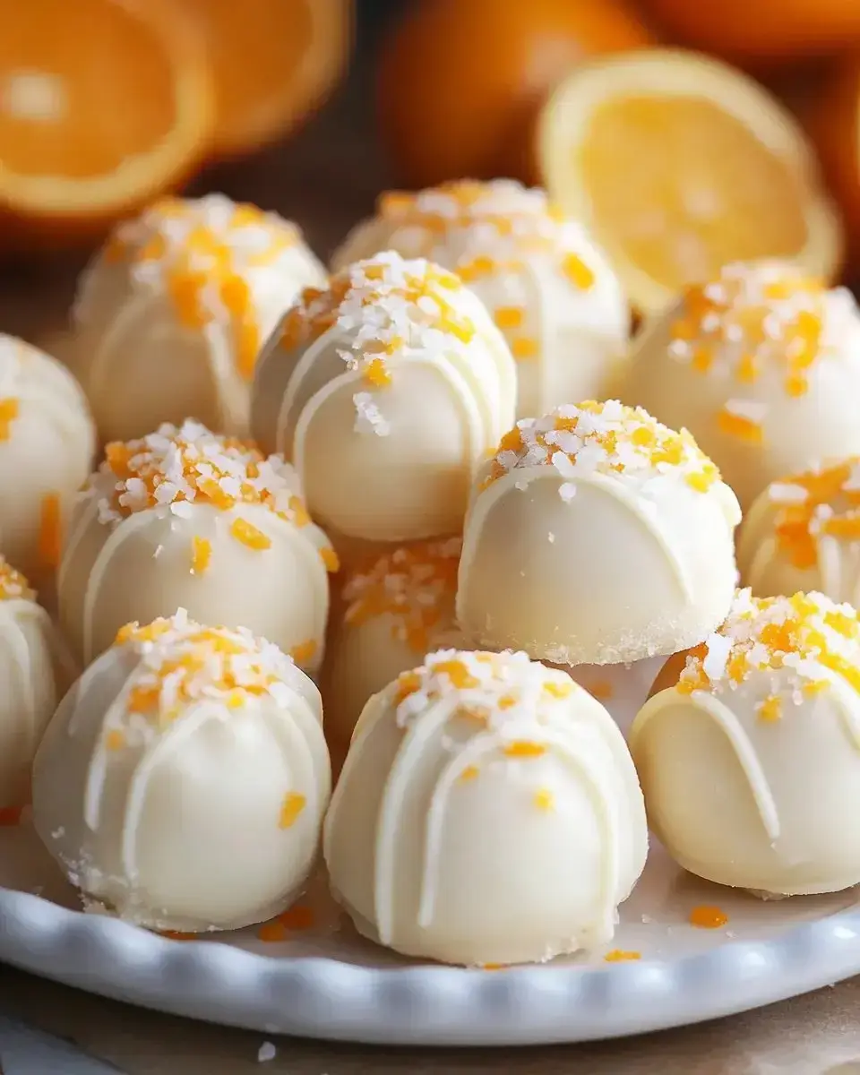 A plate of white chocolate truffles topped with orange zest and white sprinkles, with halved oranges in the background.