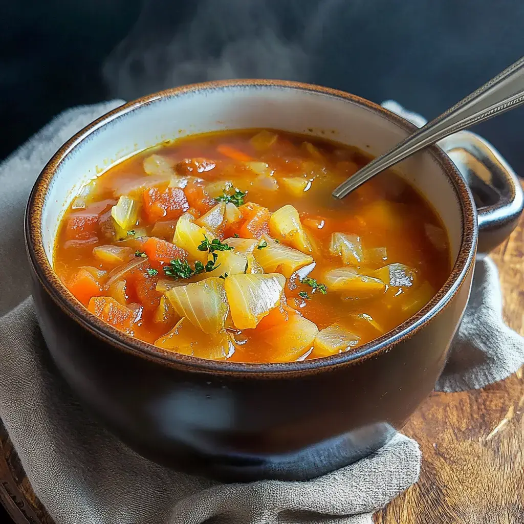 A steaming bowl of vegetable soup with chunks of carrots and onions, garnished with fresh herbs, sits on a cloth napkin.