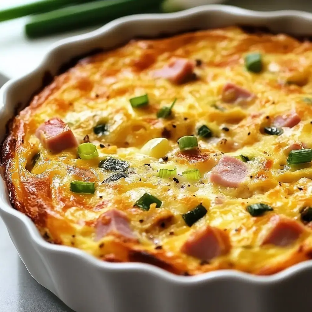 A golden-brown baked dish with ham, green onions, and a fluffy egg custard, served in a white ceramic dish.