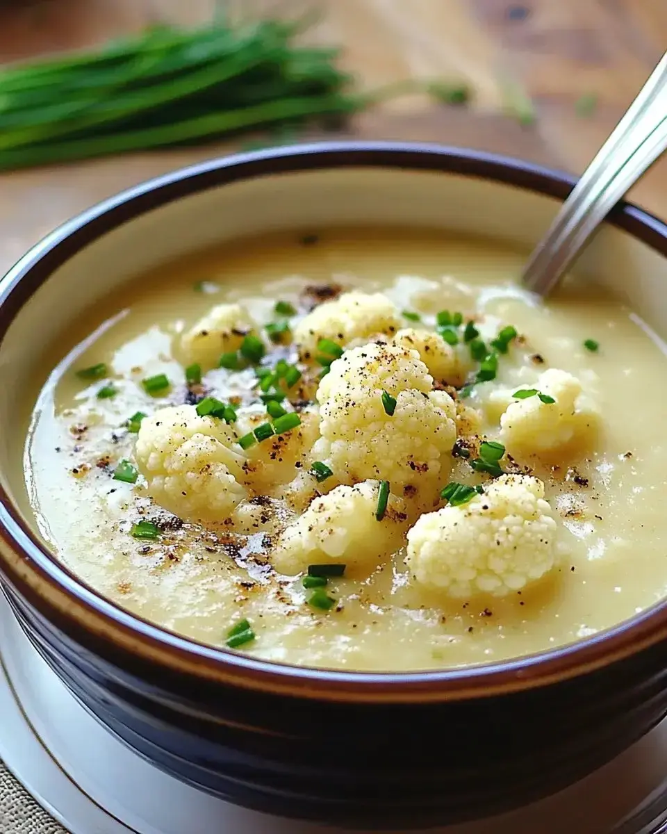 A bowl of creamy cauliflower soup topped with cauliflower florets and chopped chives.