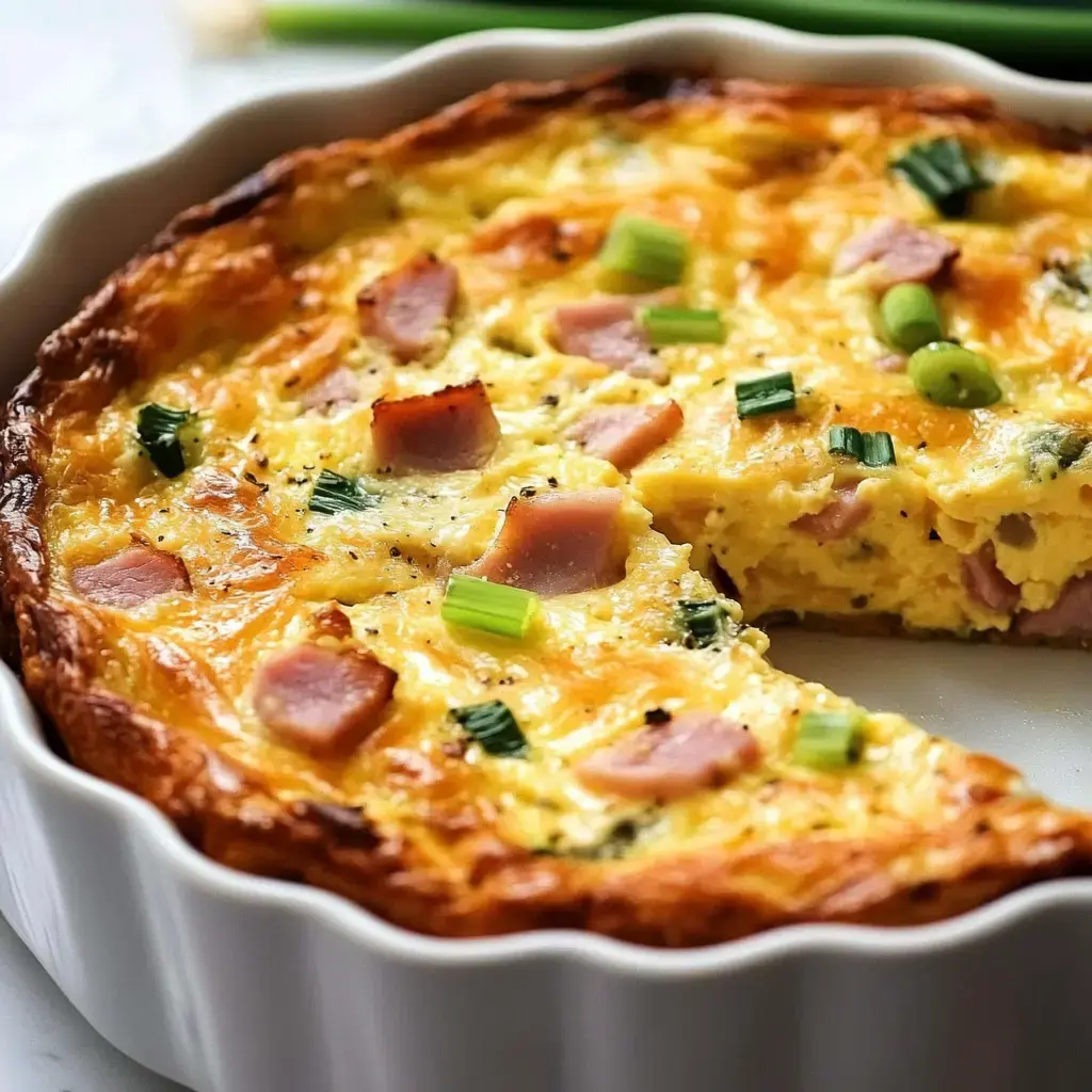 A sliced ham and cheese frittata is baked in a white dish, garnished with green onions on top.