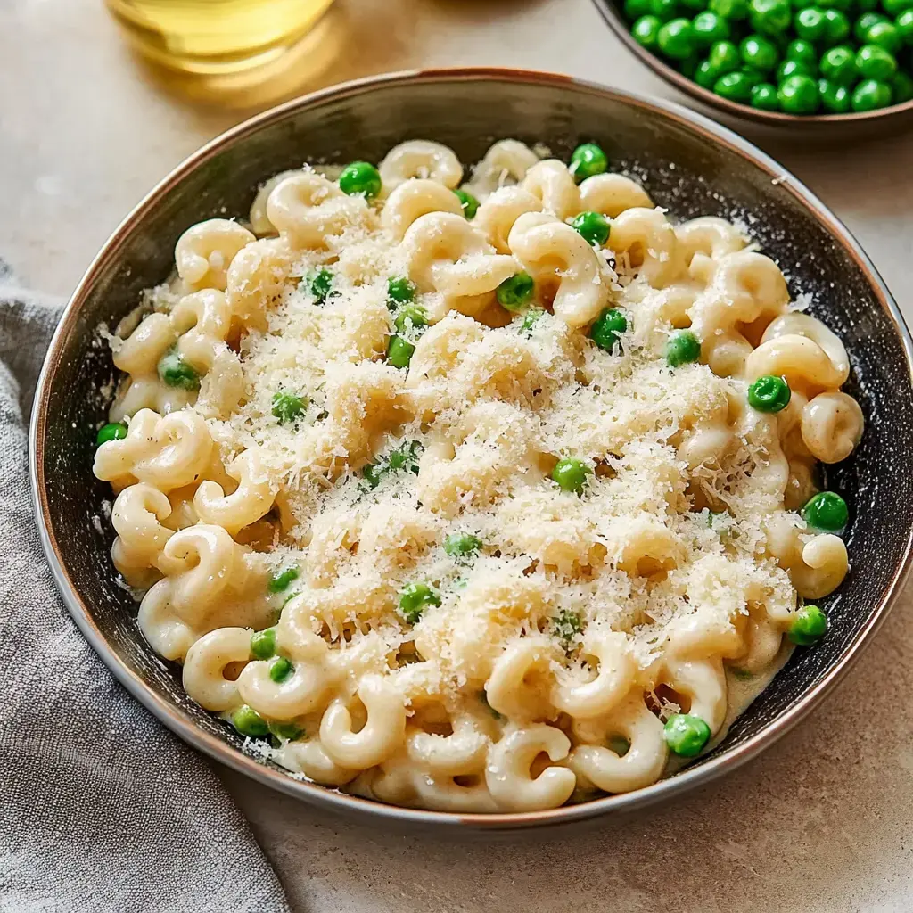 A bowl of creamy pasta topped with peas and grated cheese.