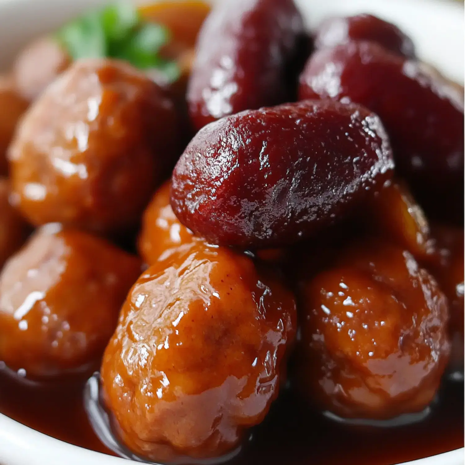 A close-up of meatballs and kidney beans in a rich, glossy sauce.