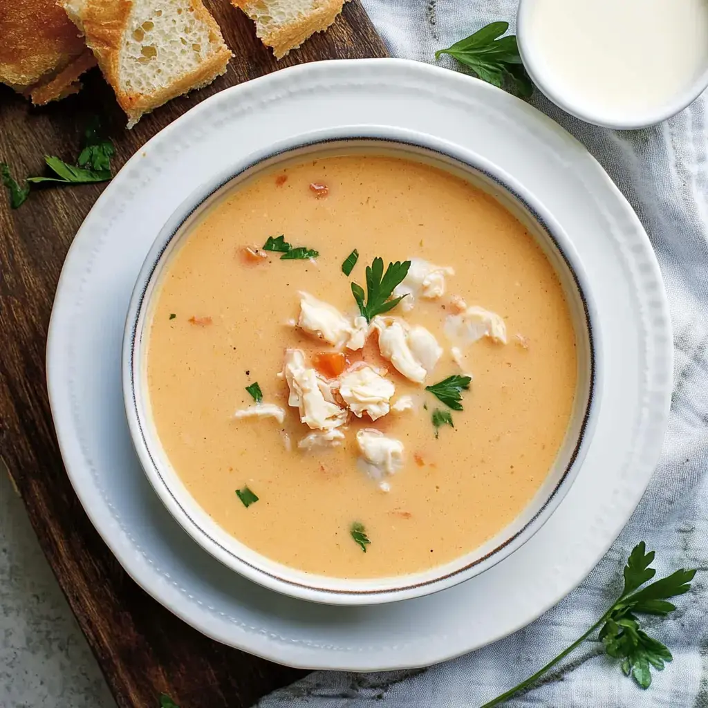 A bowl of creamy soup topped with chunks of crab meat and parsley, accompanied by slices of bread and a small dish of cream.