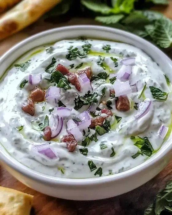 A bowl of creamy yogurt dip is topped with chopped mint, onions, and small pieces of meat, accompanied by bread in the background.