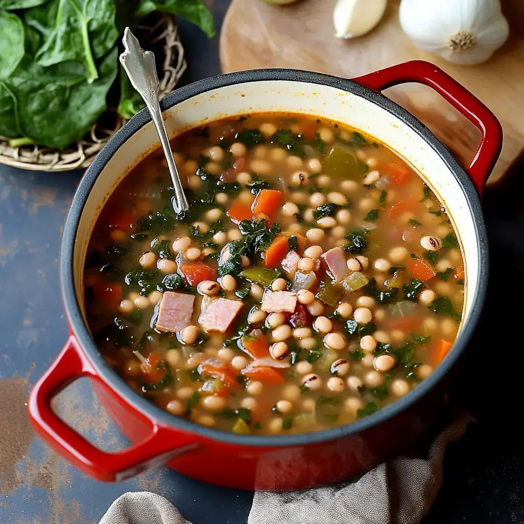 A red pot filled with a hearty soup containing black-eyed peas, spinach, chopped vegetables, and pieces of ham, with a spoon resting inside.