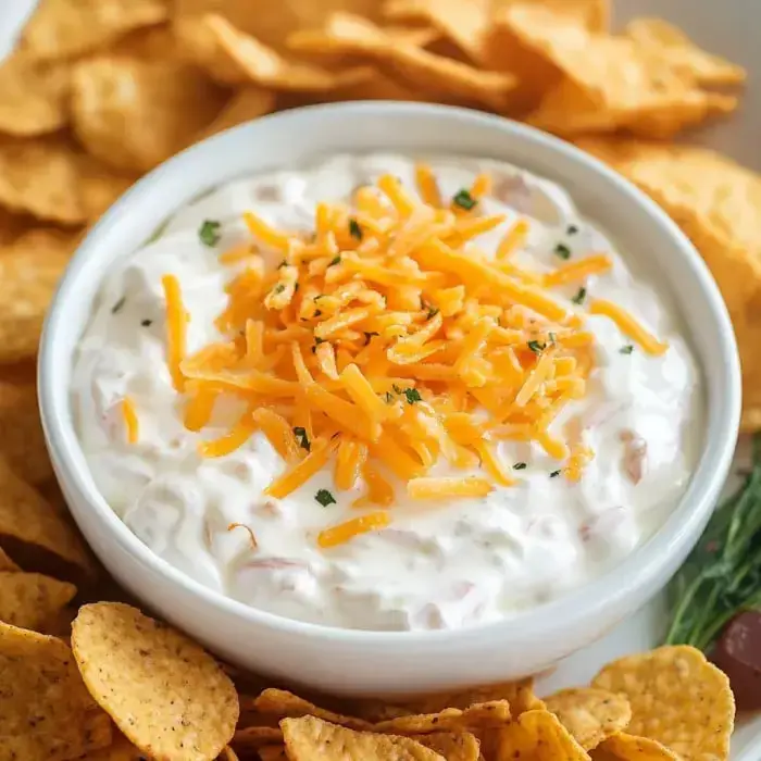 A bowl of creamy dip topped with shredded cheddar cheese is surrounded by tortilla chips.