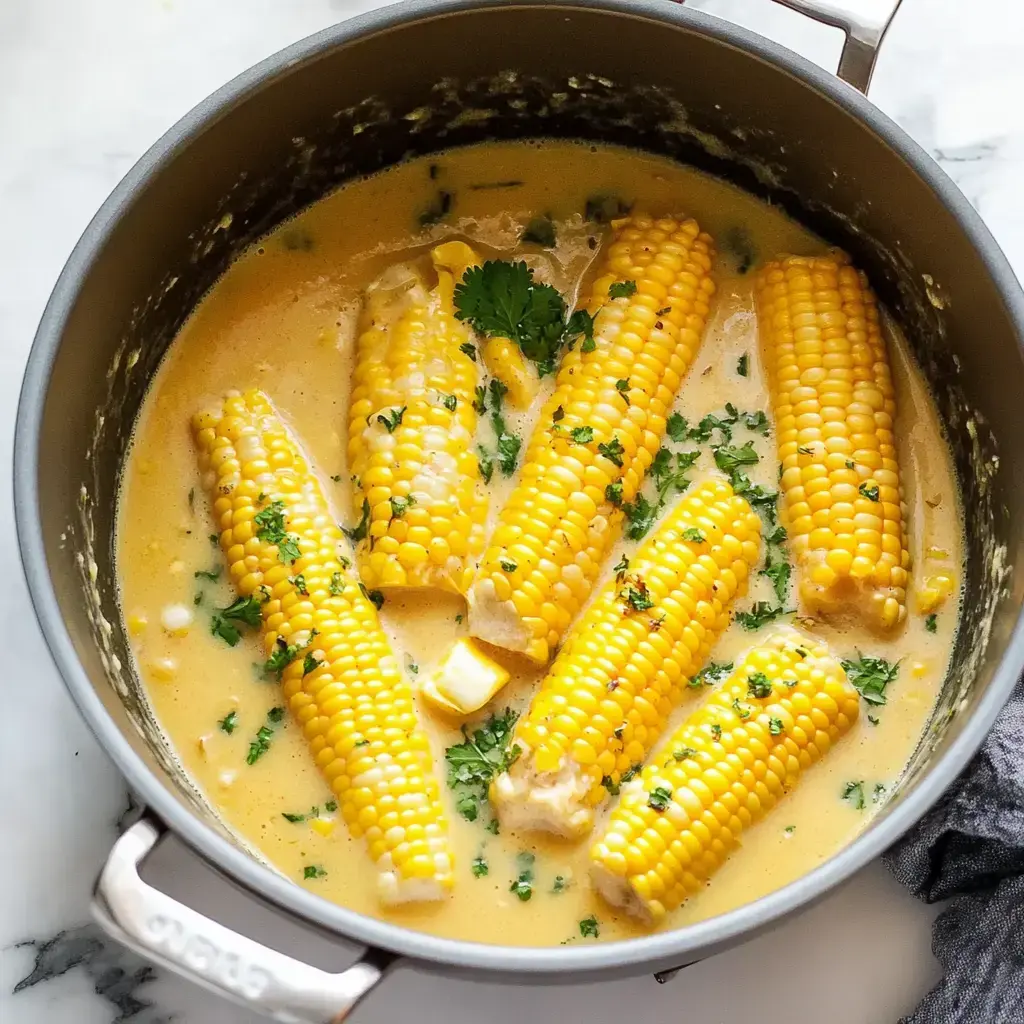 A pot filled with yellow corn on the cob submerged in a creamy sauce, garnished with chopped cilantro.