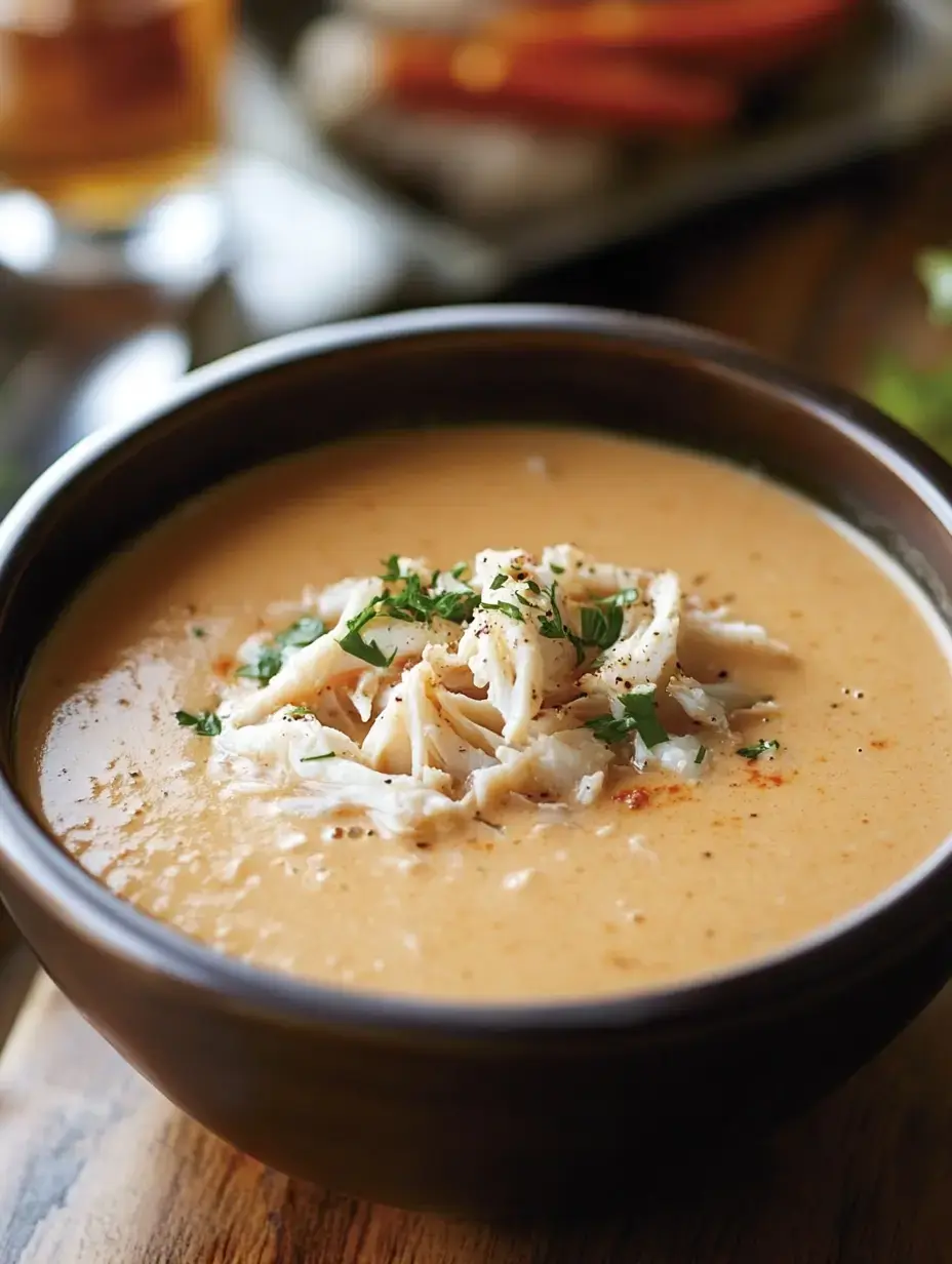 A bowl of creamy soup topped with shredded crab meat and garnished with parsley.