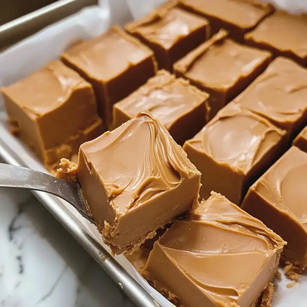 A close-up of a tray of smooth, caramel-colored fudge squares, with one piece being lifted by a spatula.