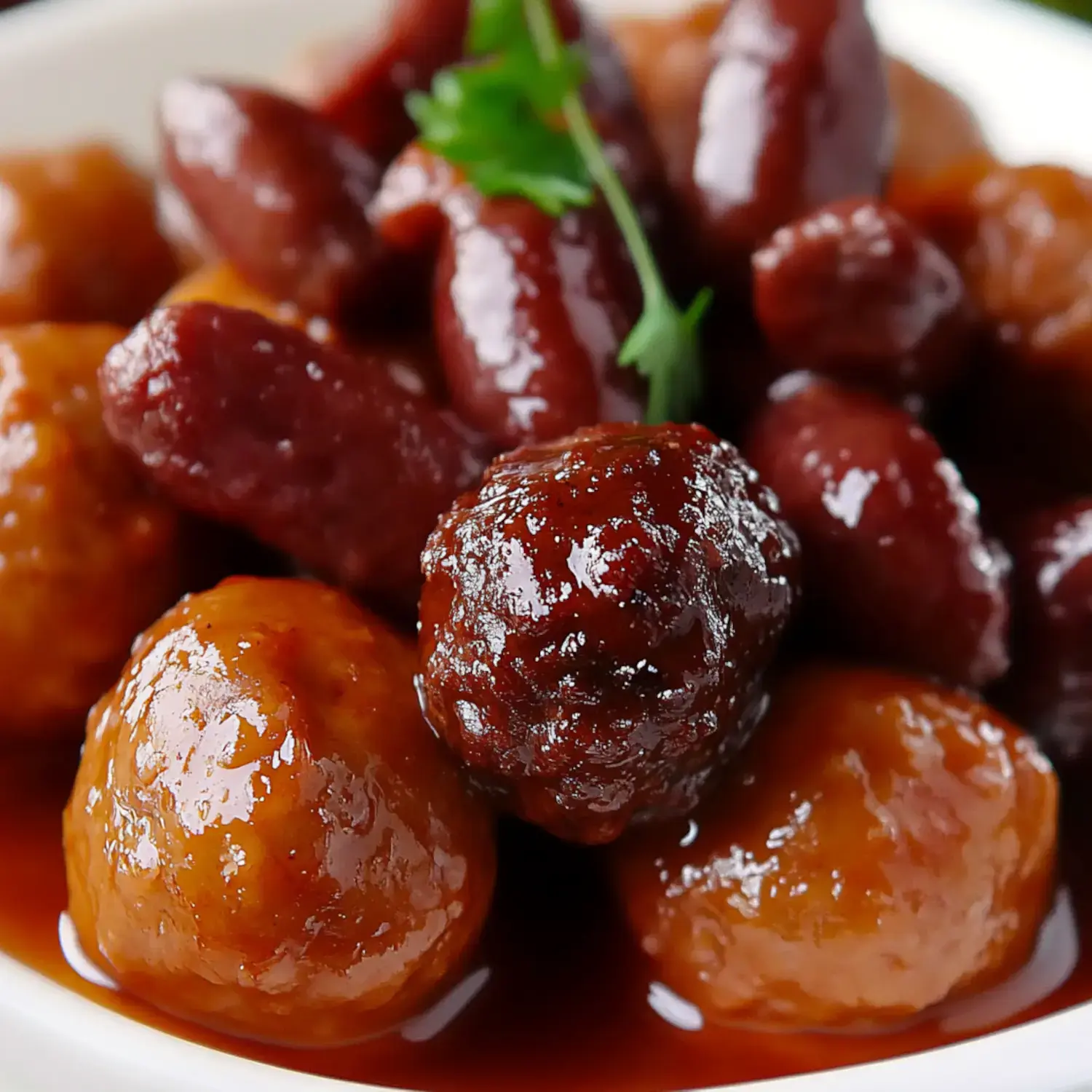 A close-up image of glossy cooked meatballs and red beans garnished with a sprig of green herb.