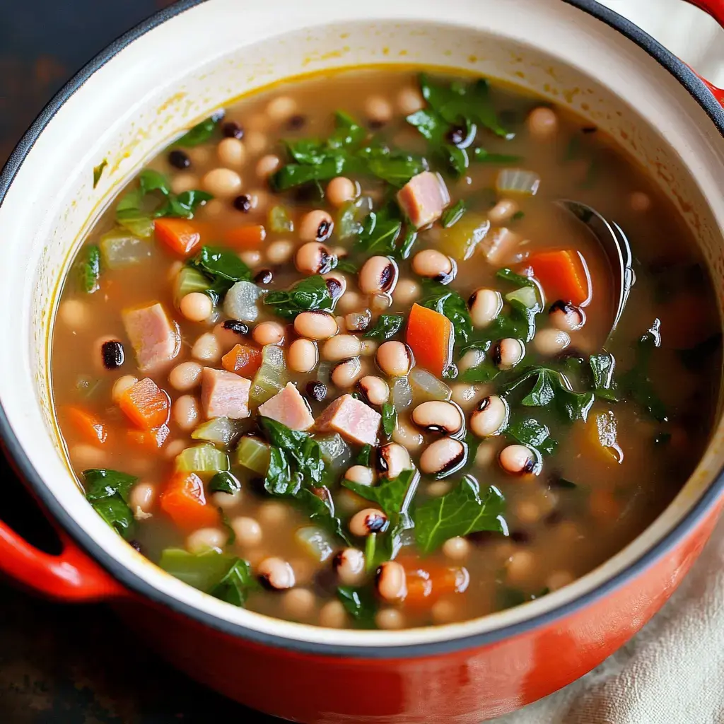 A pot of hearty black-eyed pea soup featuring diced ham, greens, and colorful vegetables.