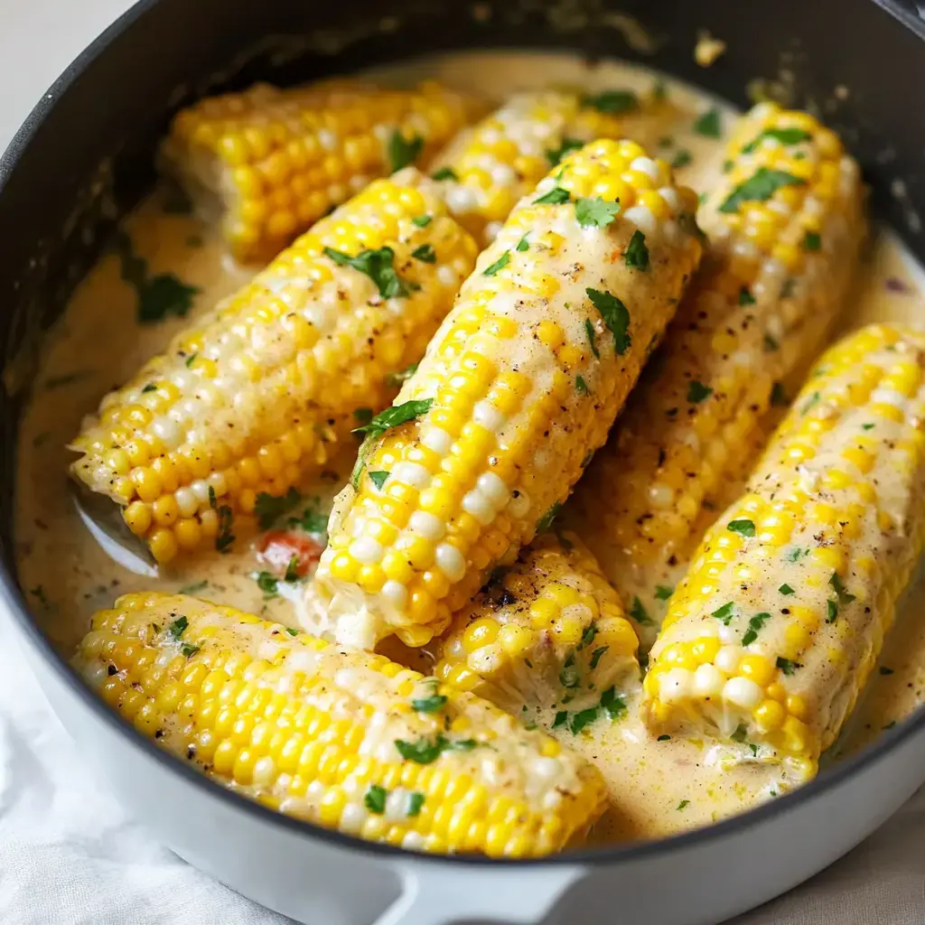 A pot filled with corn on the cob coated in a creamy sauce and garnished with herbs.