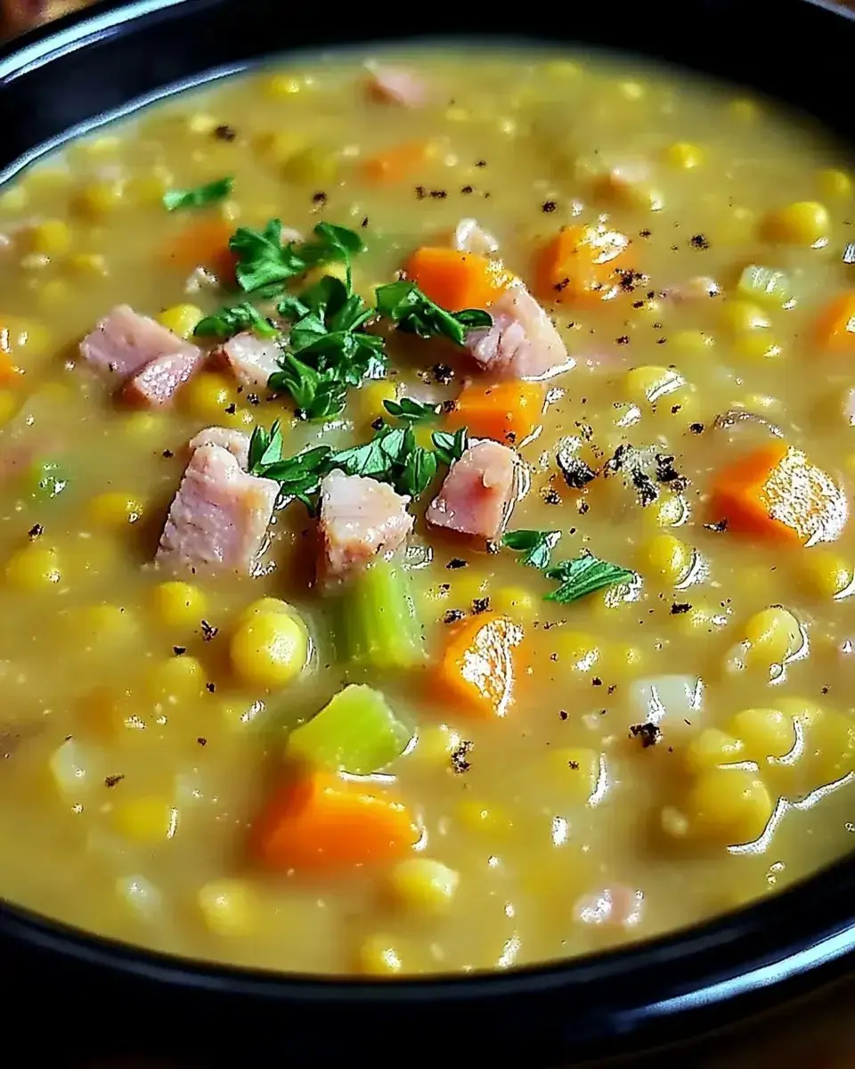 A close-up of a hearty soup containing chunks of ham, corn, carrots, and celery, garnished with fresh herbs, served in a black bowl.