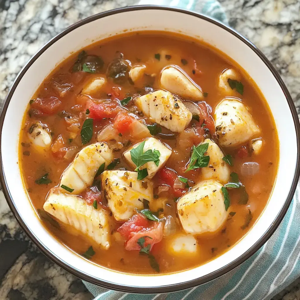 A bowl of fish stew contains chunks of white fish, tomatoes, and herbs, sitting in a rich, red broth.