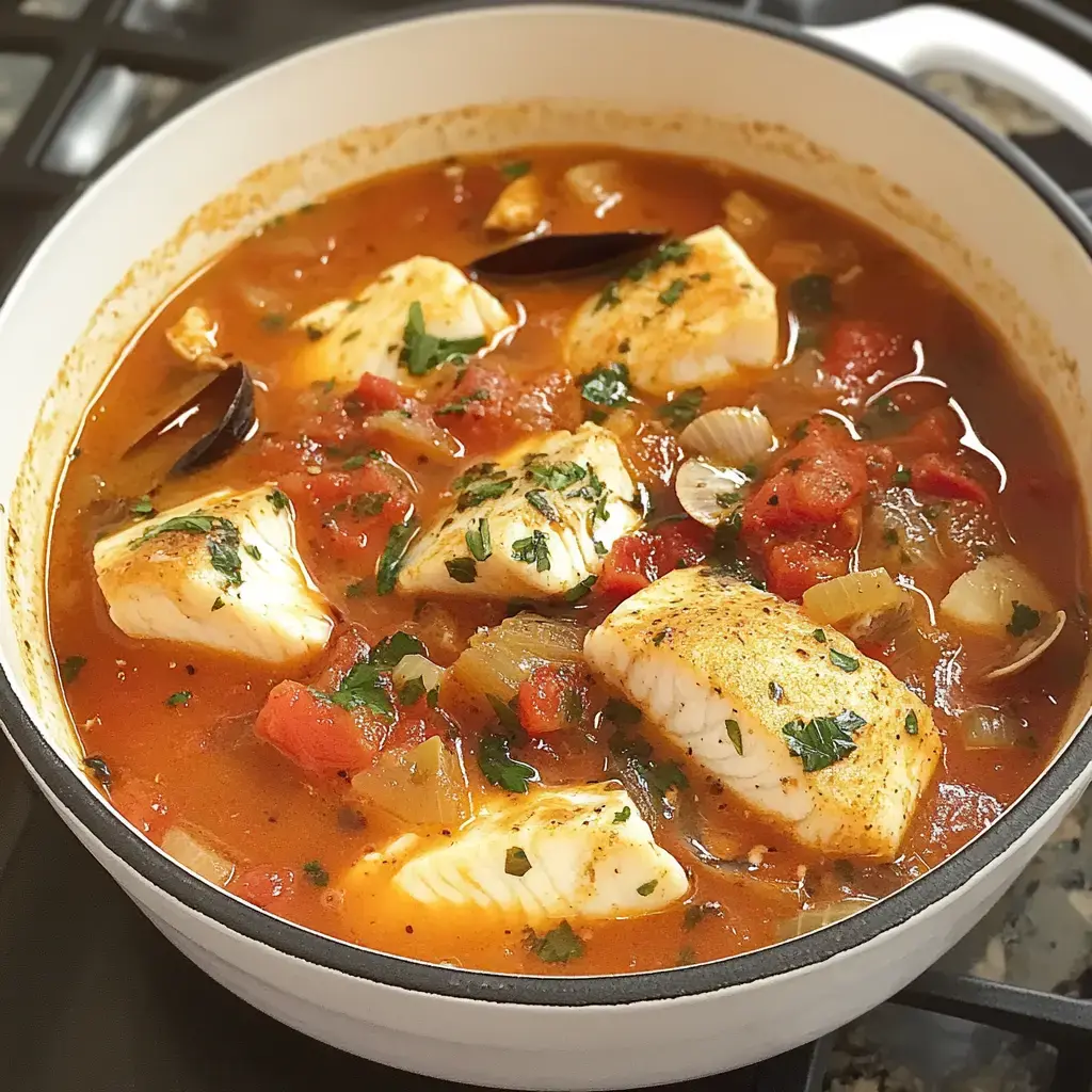 A pot of fish stew simmering in a thick tomato broth with herbs and vegetables.