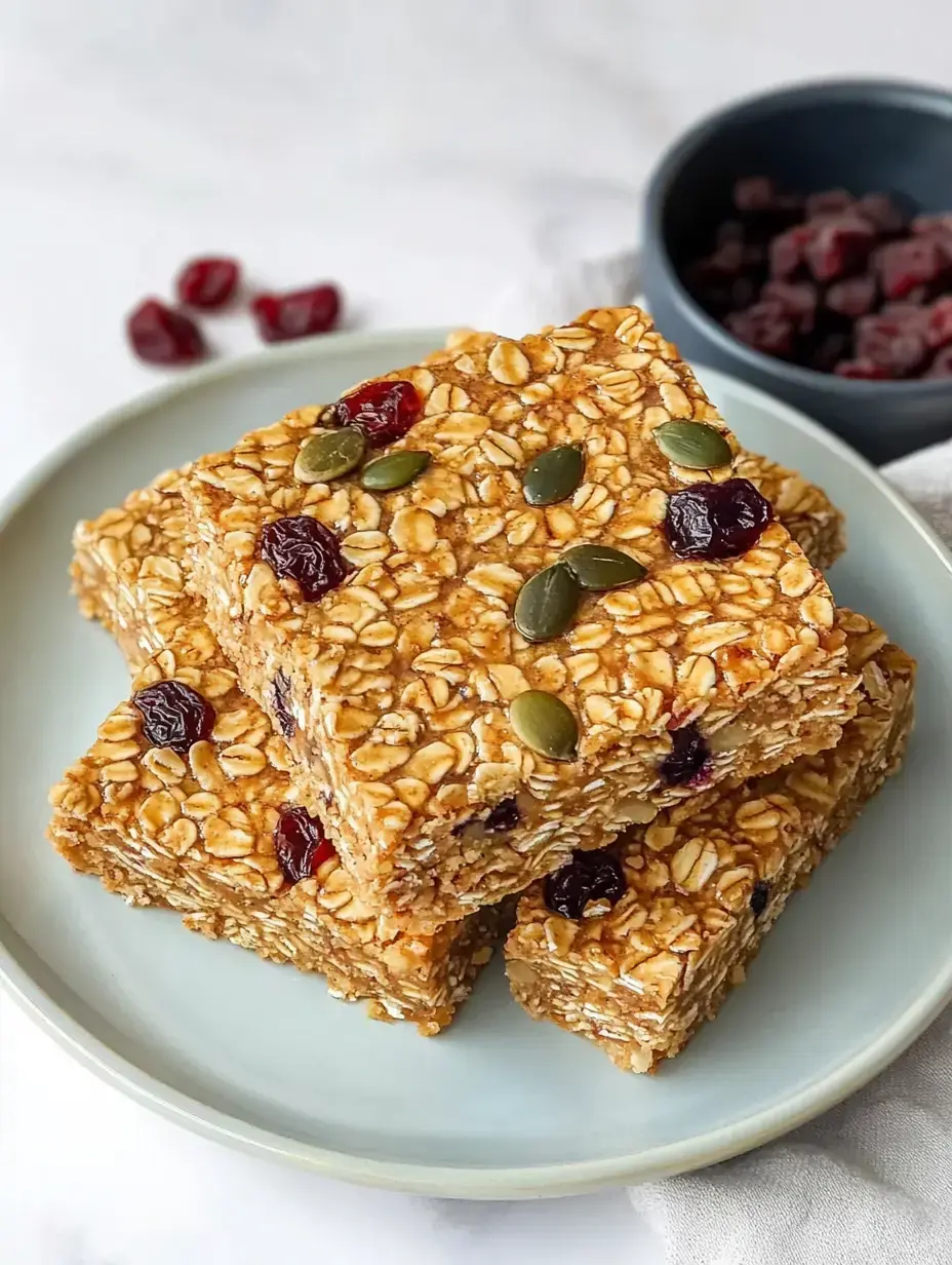 A stack of homemade oat bars with cranberries and pumpkin seeds, placed on a light blue plate, alongside a small bowl of dried cranberries.