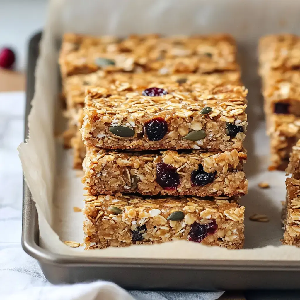 A close-up of freshly baked granola bars made with oats, nuts, and dried fruits, neatly arranged in a baking tray.