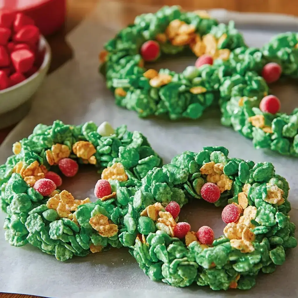 A tray of festive green wreath-shaped treats made from cereal, decorated with colorful candy accents.