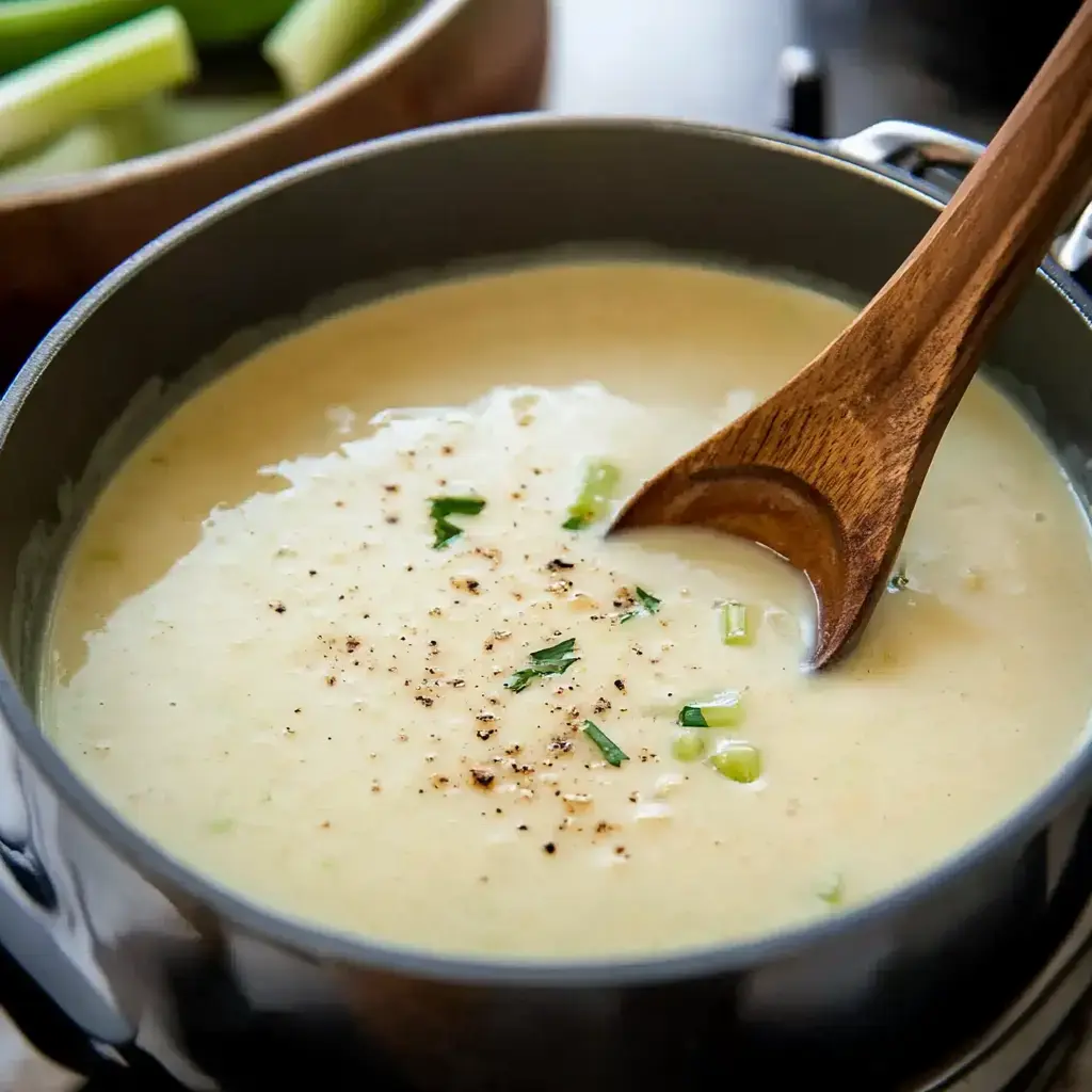 A creamy soup with herbs and pepper is shown in a pot, beside a bowl of celery.