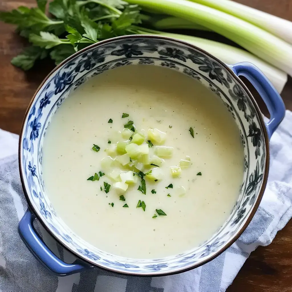 A bowl of creamy soup topped with diced celery and parsley, with fresh celery stalks in the background.