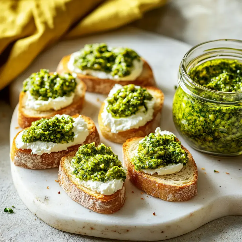 A platter of toasted bread slices topped with creamy cheese and green pesto, alongside a jar of pesto.