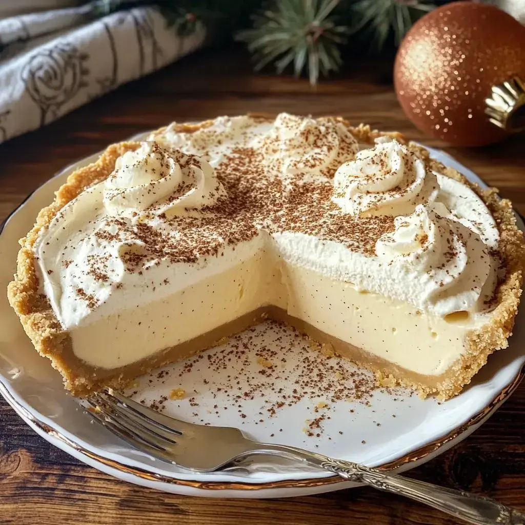 A slice of cream pie topped with whipped cream and chocolate shavings, displayed on a white plate with a fork beside it.