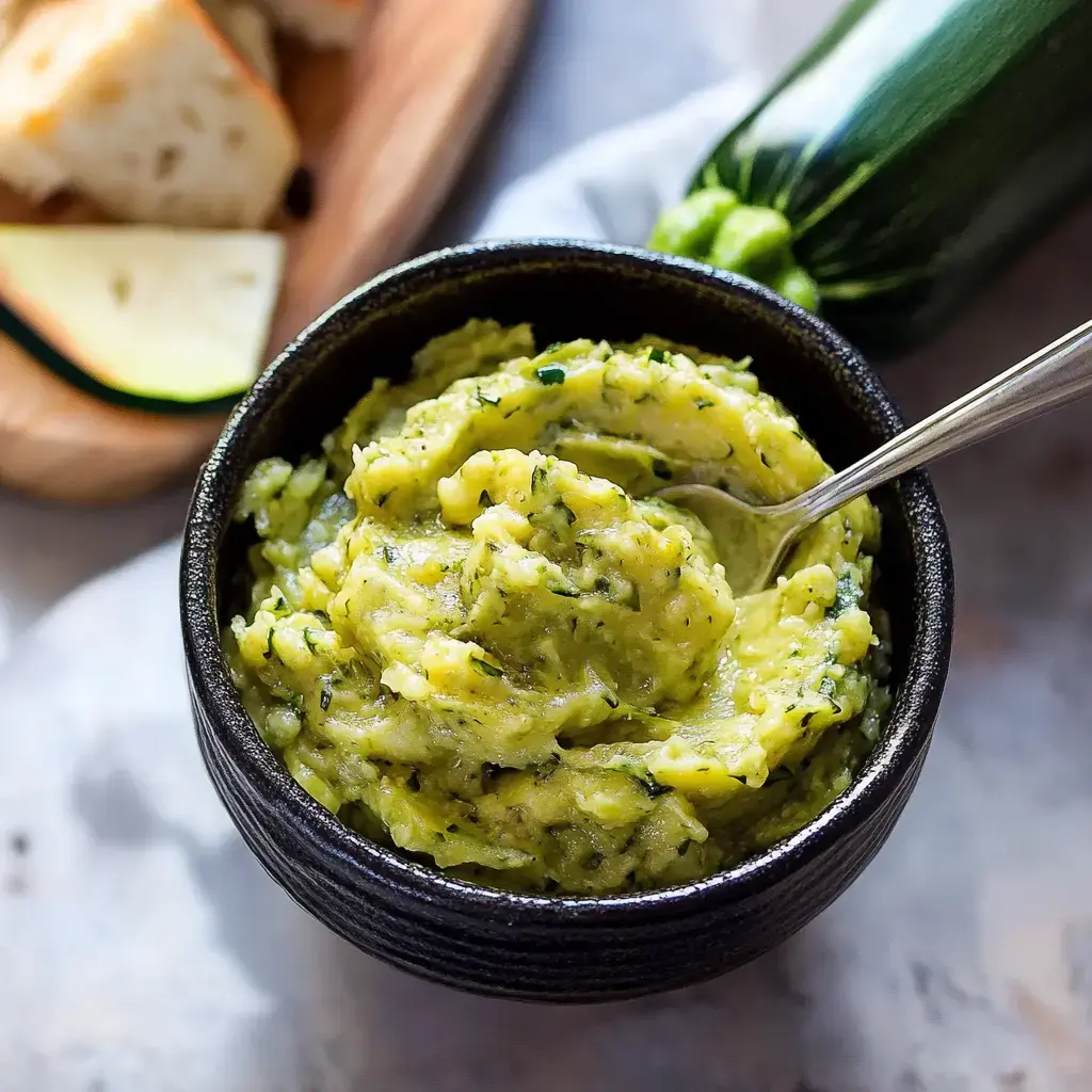 A bowl of smooth, green zucchini mash is placed beside slices of bread and a whole zucchini on the countertop.