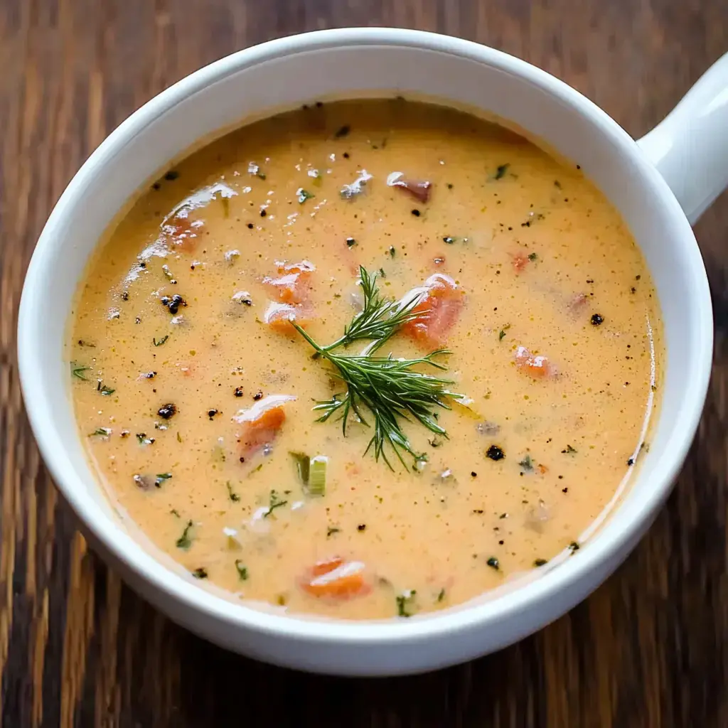 A creamy soup with vegetables garnished with fresh herbs in a white bowl on a wooden surface.