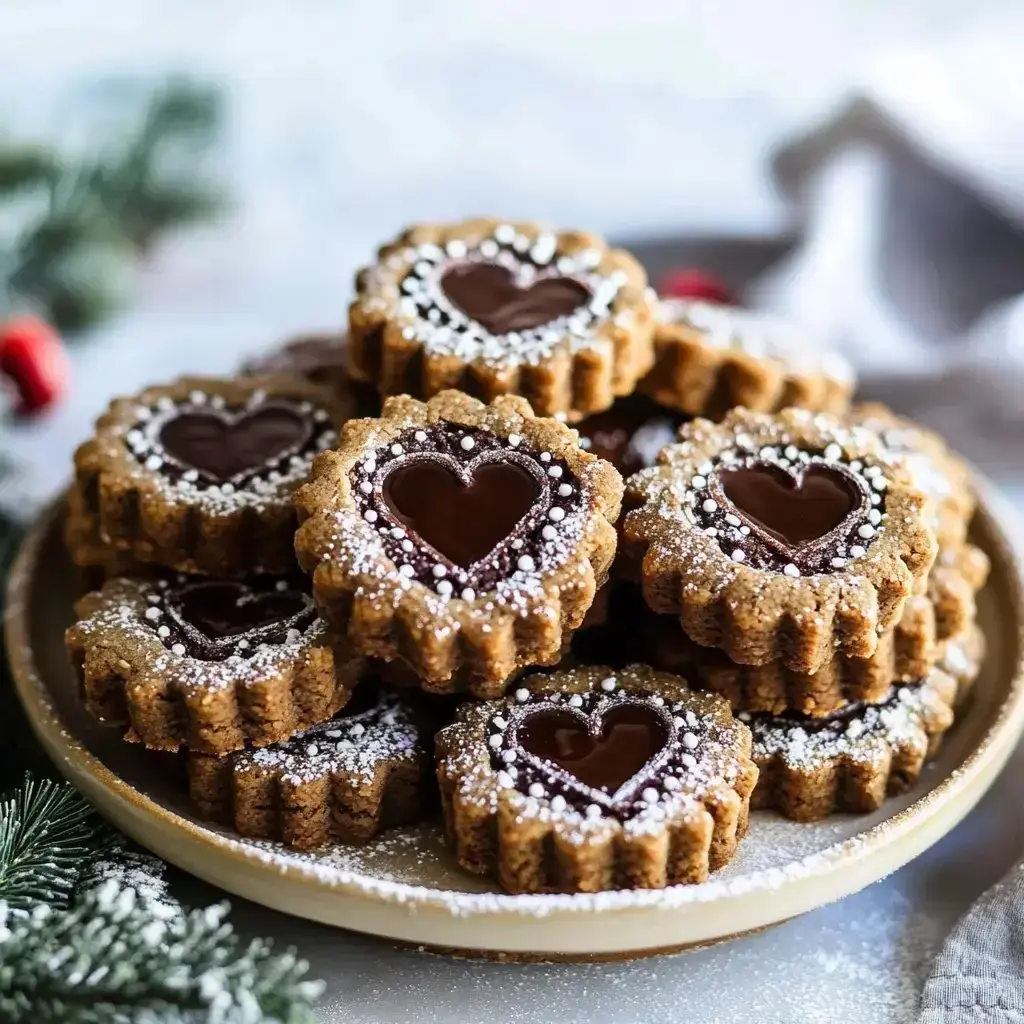 A plate of heart-shaped cookies filled with chocolate and decorated with powdered sugar and small white sprinkles.