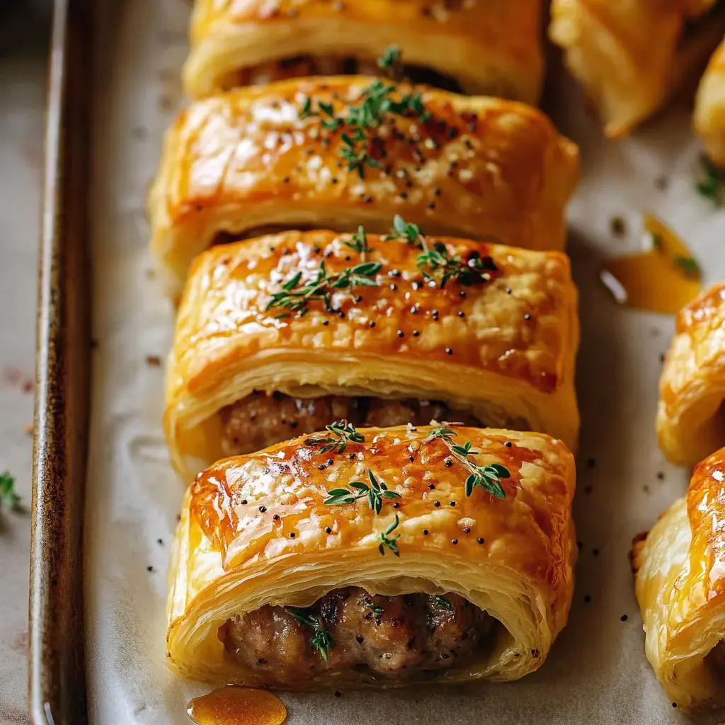 A close-up view of golden, flaky pastry rolls filled with sausage and topped with thyme.