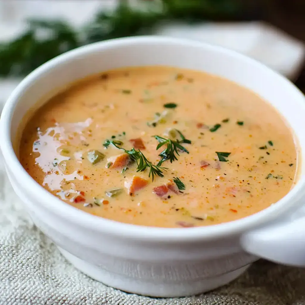 A creamy soup with chunks of vegetables and herbs, served in a white bowl.