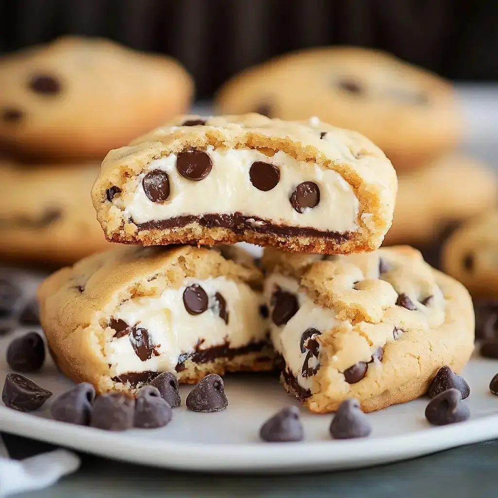 A close-up of a cookie cut in half, revealing a creamy filling with chocolate chips and a layer of chocolate ganache inside, surrounded by additional cookies and chocolate chips on a plate.