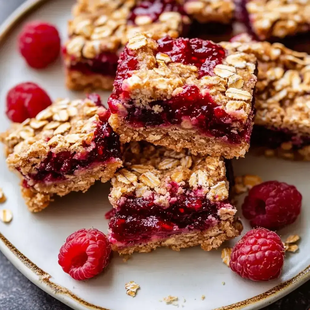 A plate of raspberry oatmeal bars with scattered fresh raspberries around them.