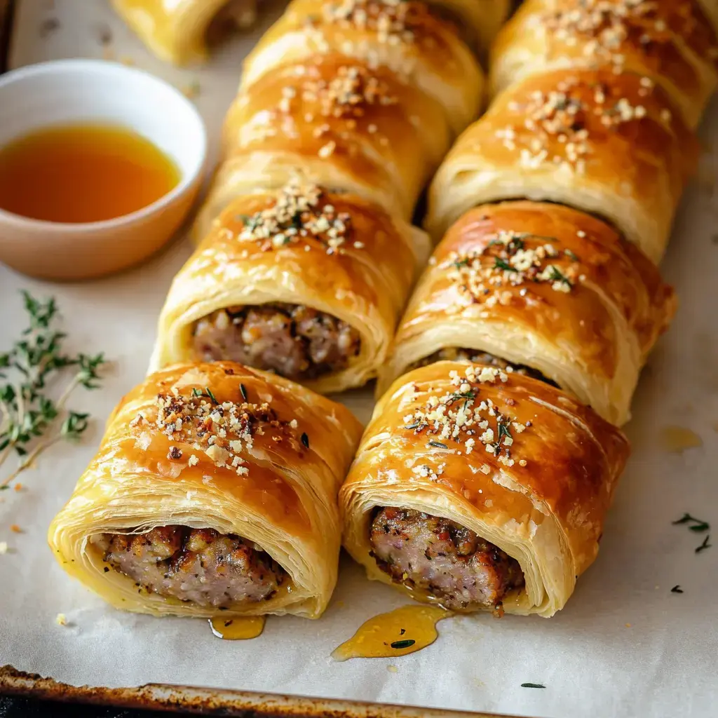 A platter of golden-brown sausage rolls, drizzled with sauce and garnished with herbs, accompanied by a small bowl of dipping oil.