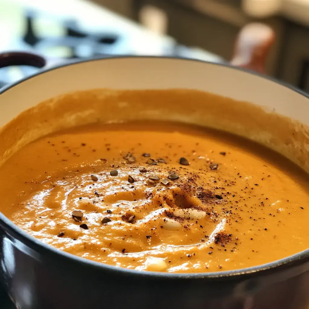 A close-up of a creamy orange soup garnished with spices in a black pot.