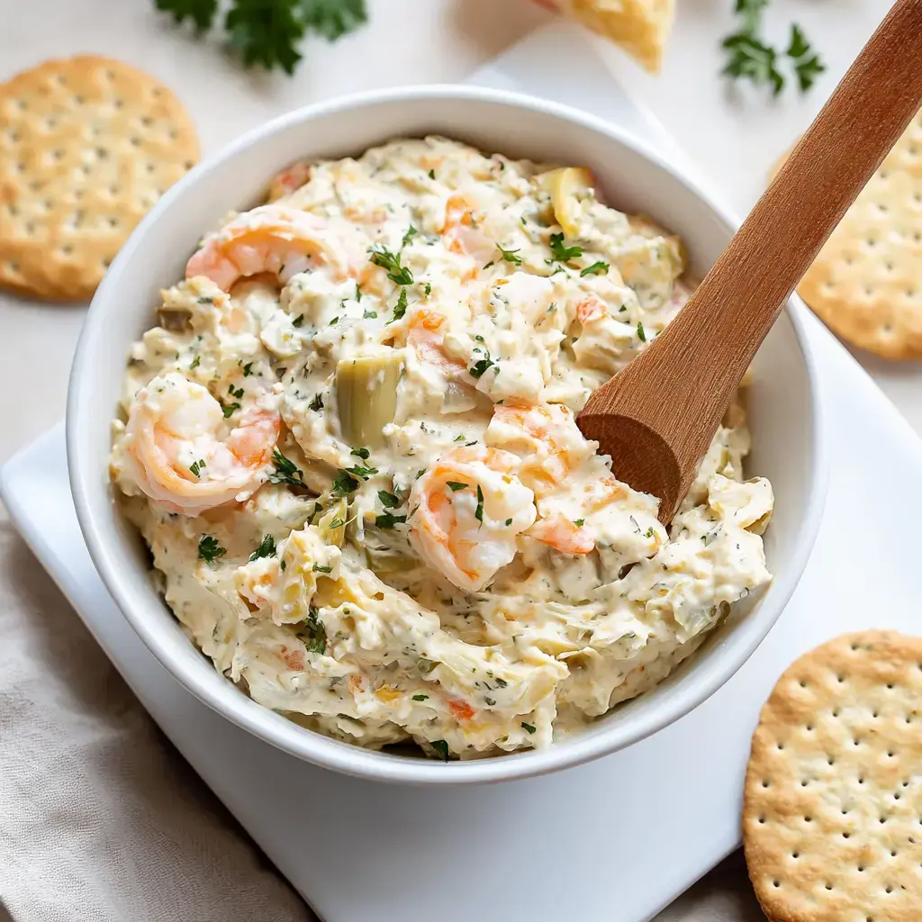 A bowl of creamy shrimp dip sprinkled with parsley, accompanied by crackers on the side.