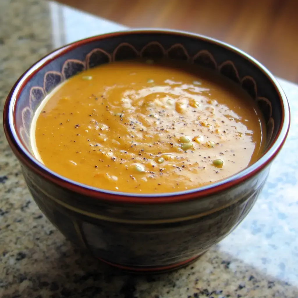 A bowl of creamy orange soup garnished with a sprinkle of black pepper and small green pieces.