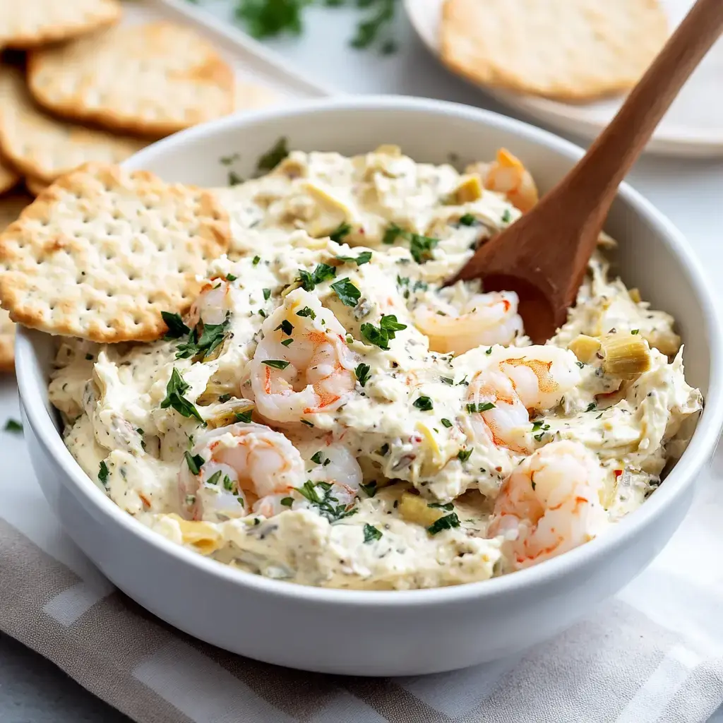 A bowl of creamy shrimp dip garnished with parsley, accompanied by crackers on the side.