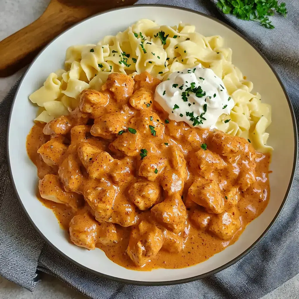 A plate of creamy chicken dumplings in a rich orange sauce served alongside egg noodles and a dollop of sour cream, garnished with parsley.