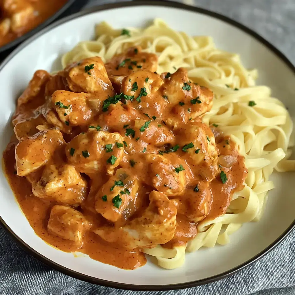 A plate of fettuccine pasta topped with chunks of chicken in a creamy tomato sauce, garnished with parsley.