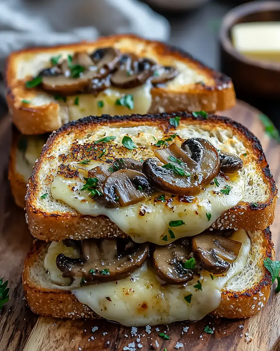 A close-up of toasted bread layered with melted cheese and sautéed mushrooms, garnished with fresh parsley.