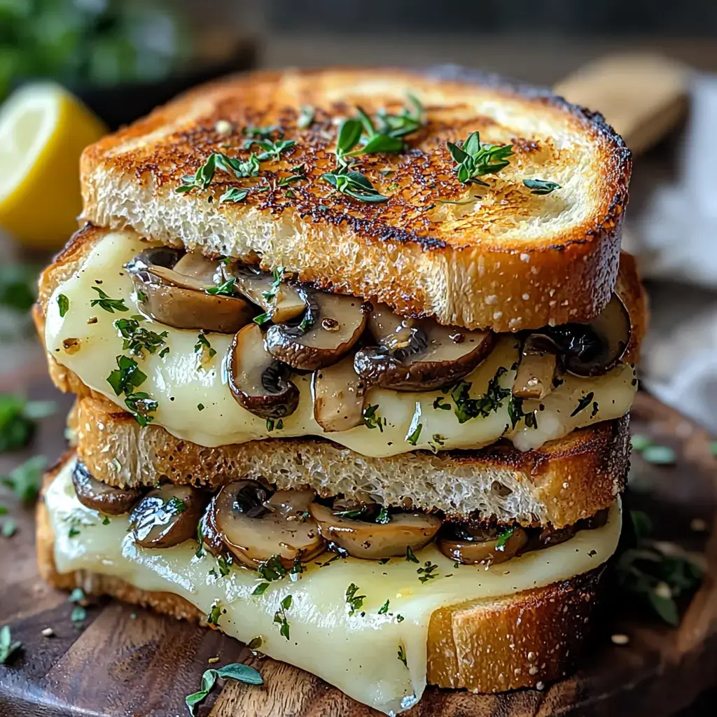 A deliciously toasted sandwich layered with melted cheese, sautéed mushrooms, and fresh herbs, served on a wooden board.