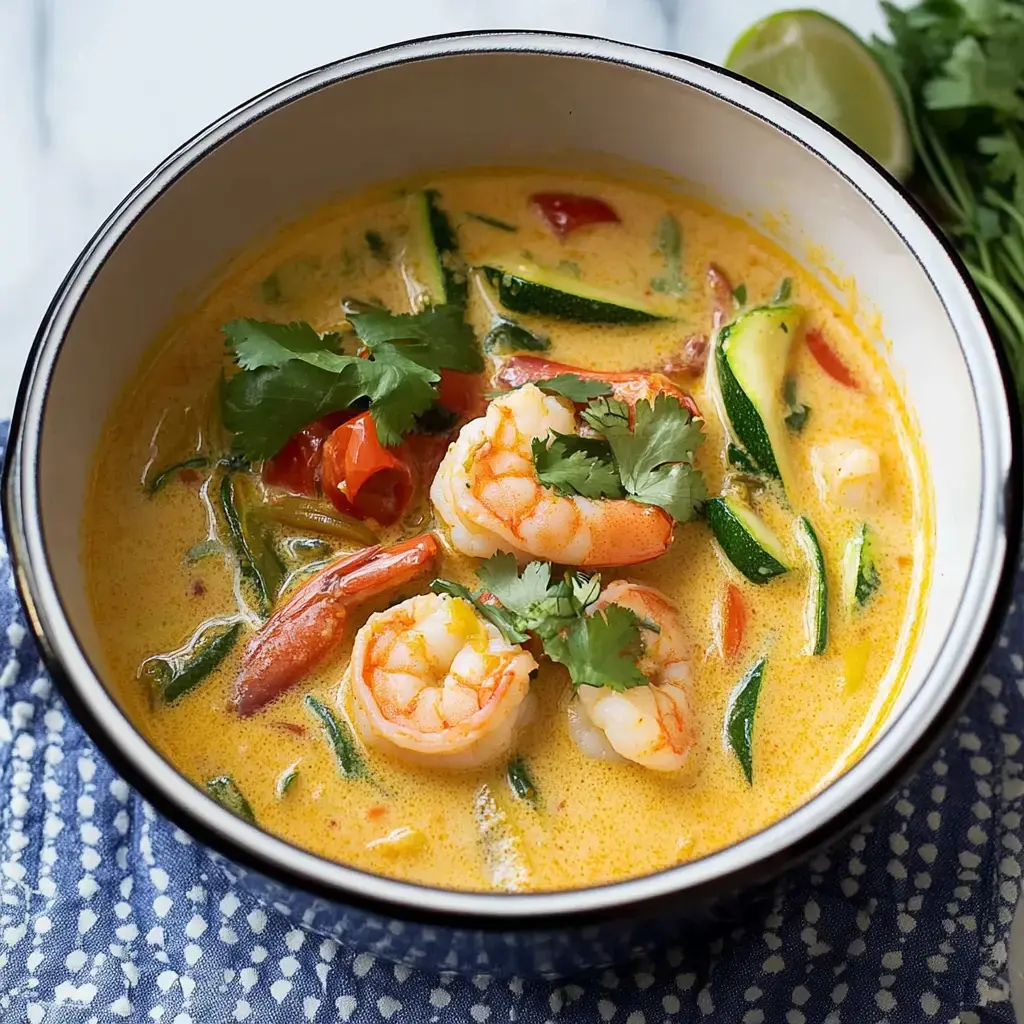 A bowl of flavorful shrimp curry with vegetables, garnished with fresh cilantro, on a patterned napkin.