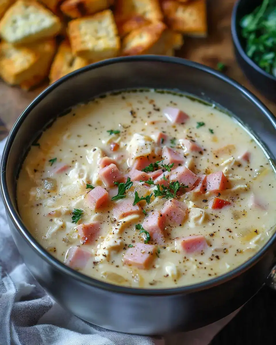 A black bowl filled with creamy soup containing diced ham and herbs, accompanied by golden bread pieces in the background.