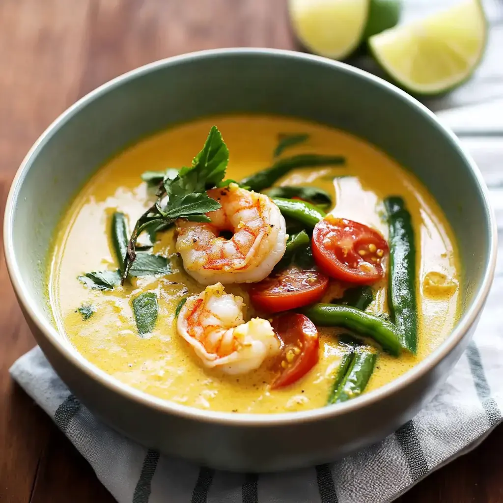 A bowl of vibrant shrimp curry, garnished with fresh herbs, surrounded by green beans and cherry tomatoes, with lime wedges in the background.