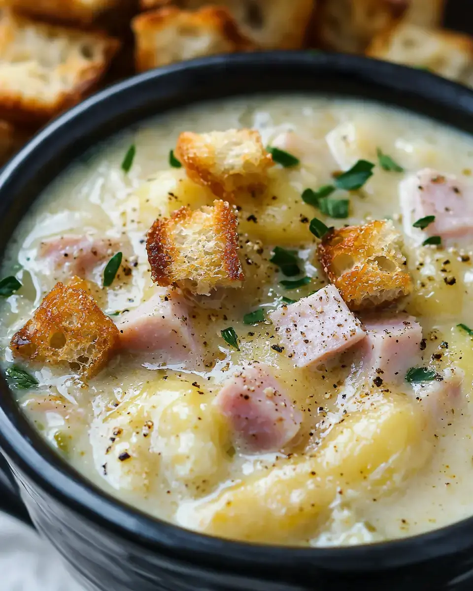 A close-up of a creamy soup containing pieces of ham and garnished with crispy croutons and herbs in a black bowl.