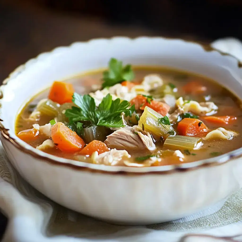 A bowl of hearty chicken soup filled with vegetables, including carrots and celery, garnished with fresh parsley.